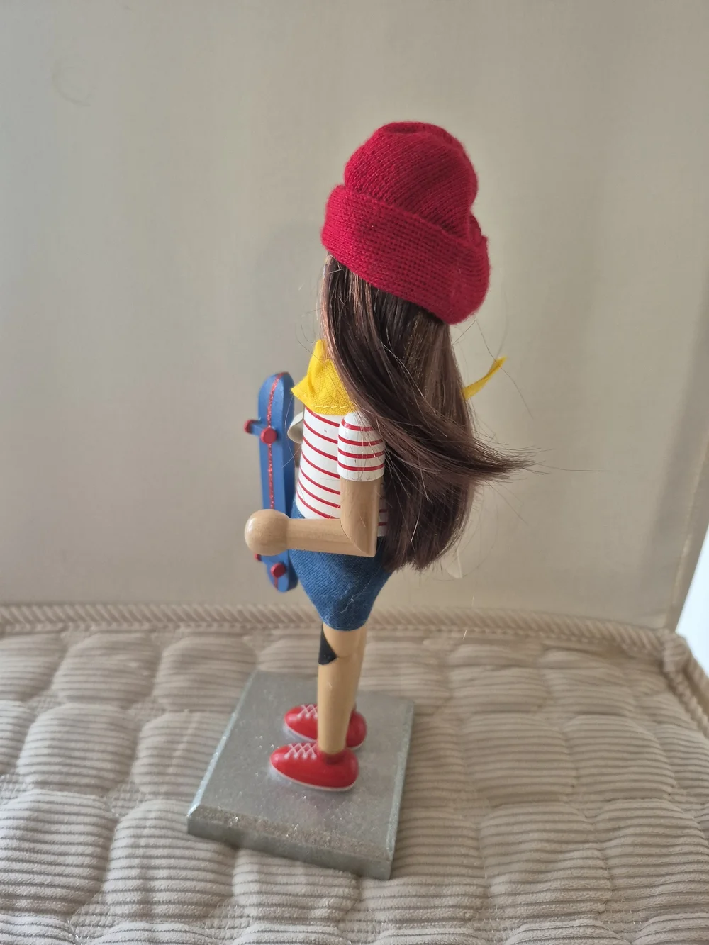 Handpainted Wooden Skateboarder Nutcracker - Red Hat, Yellow Scarf